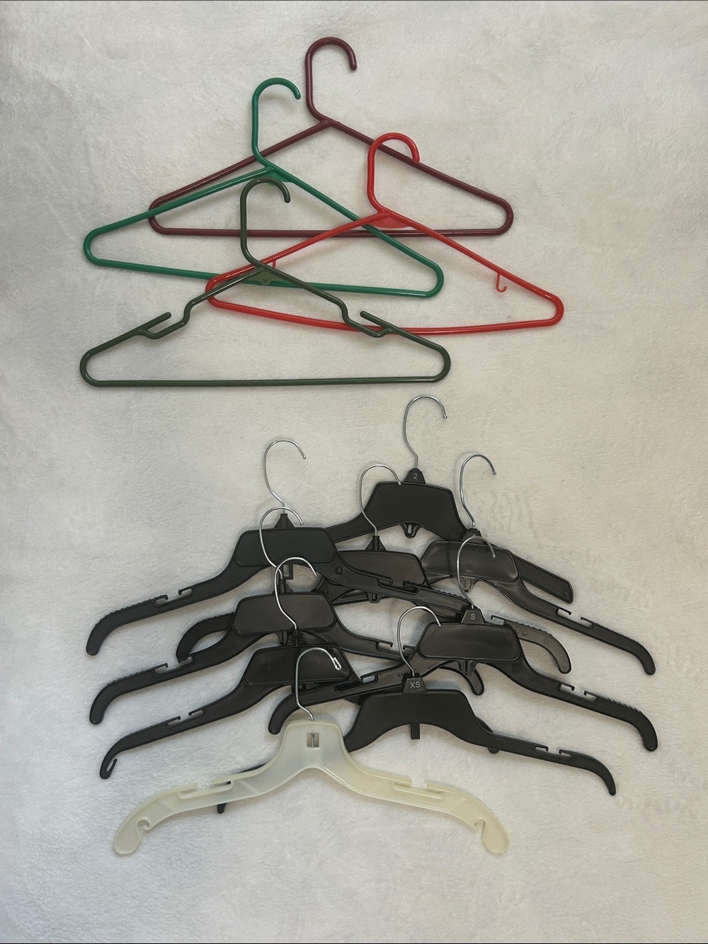 Mixed Set of 13 Plastic Hangers -Black, Green, Red, and White